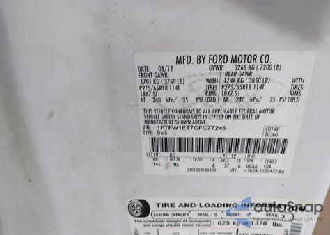 2012 Ford F-150 Lariat z USA, uszkodzony, nr VIN 1FTFW1ET7CFC77246